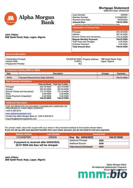 Nigeria Alpha Morgan Bank wyciąg z kredytu hipotecznego szablon Word i PDF